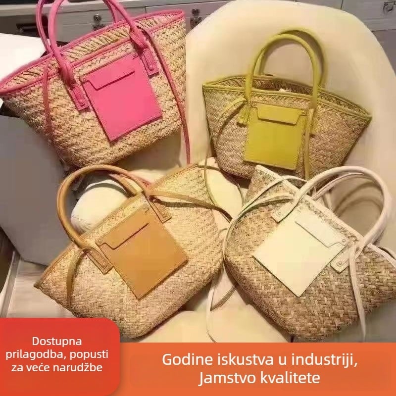 Slamnata torba za plažu, ručno tkana, zatvarač, uspravni kvadratni oblik, unutarnji džep s zatvaračem