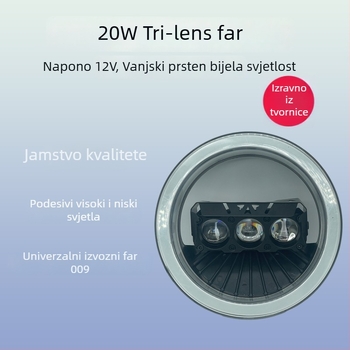 Motocikl LED far sa tri leće — aluminijsko kućište, 20W, 9–30V, 6000 lm, IP67