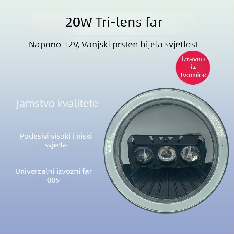 Motocikl LED far sa tri leće — aluminijsko kućište, 20W, 9–30V, 6000 lm, IP67