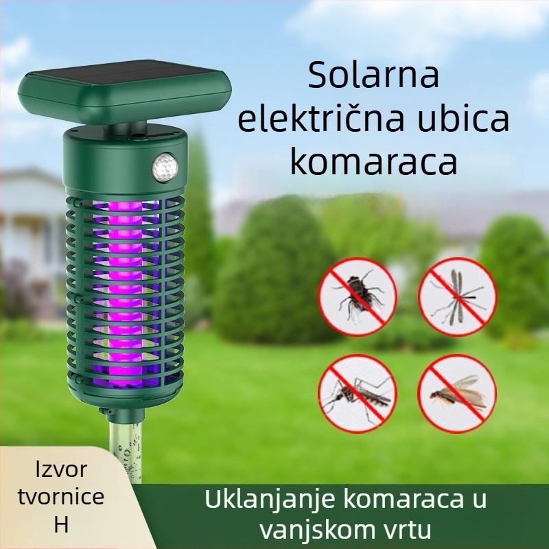 Vanjska solarna lampa za uništavanje komaraca električnim šokom, UV svjetlo, izlaz 2000V, pokrivenost 100 m² ili više, punjiva litijeva baterija