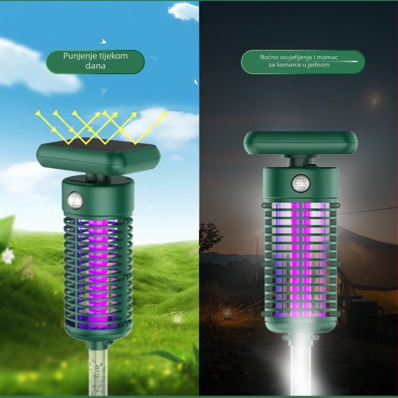 Vanjska solarna lampa za uništavanje komaraca električnim šokom, UV svjetlo, izlaz 2000V, pokrivenost 100 m² ili više, punjiva litijeva baterija