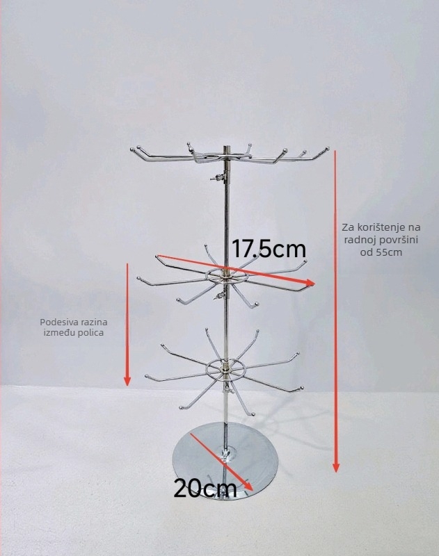 Okretni stalak za nakit, trostruka kružna baza, podesiva, metalna elektroplatirana konstrukcija