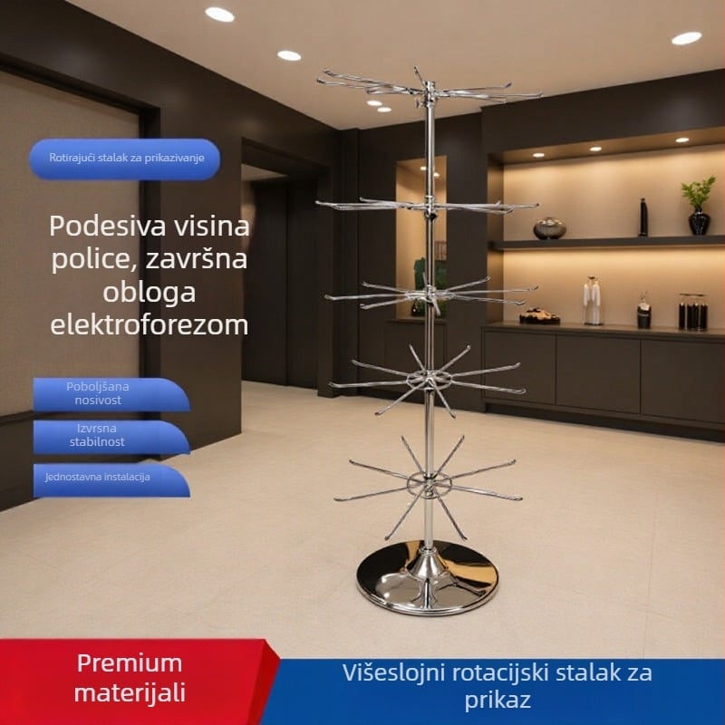 Okretni stalak za nakit, trostruka kružna baza, podesiva, metalna elektroplatirana konstrukcija