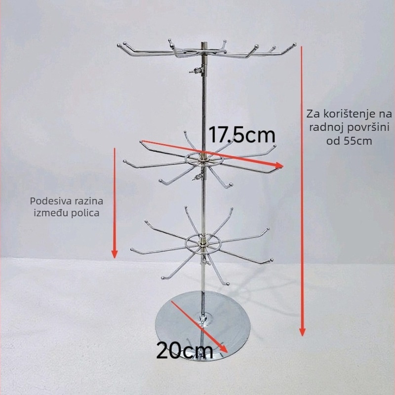Okretni stalak za nakit, trostruka kružna baza, podesiva, metalna elektroplatirana konstrukcija