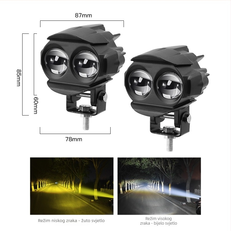 Motociklistički reflektor s dvostrukim objektivom, LED 20W, 12-80V, 3000-4000 lm, IP68