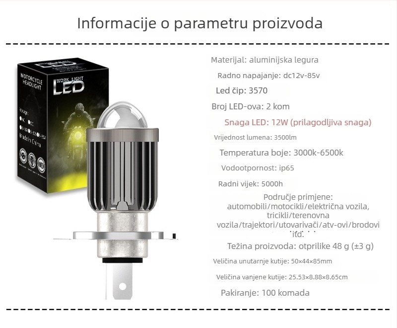 Motociklističko LED prednje svjetlo s IP67 zaštitom, 1200 lm, 12 W, 12–80 V, LED izvor
