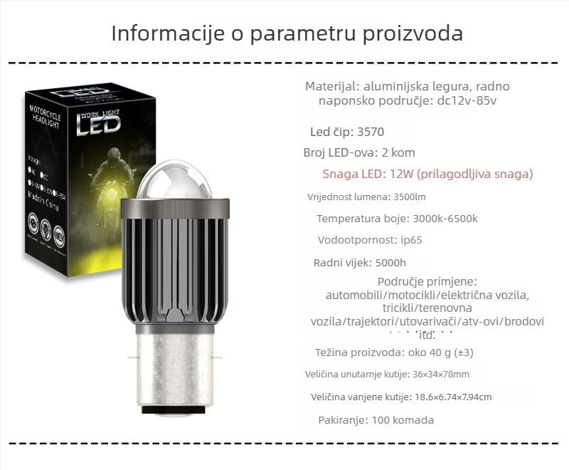 Motociklističko LED prednje svjetlo s IP67 zaštitom, 1200 lm, 12 W, 12–80 V, LED izvor