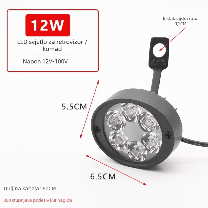 Gledalno svjetlo za električna vozila – aluminijsko kućište, plastičan poklopac svjetla, ulaz 12V, IP1 zaštita, 2 godine vijeka trajanja
