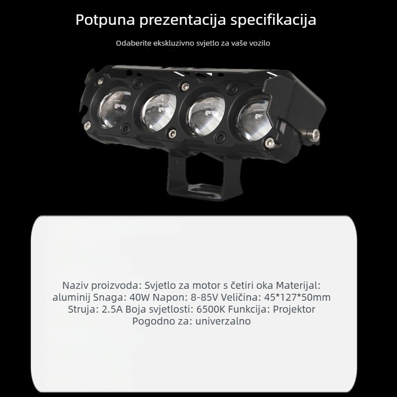 TCYATO Vanjski LED Projktor za Motocikl – Projektor sa Četiri Leće, Visok i Niži Snop, Aluminijsko Kućište, IP68, 12-80V, 20W