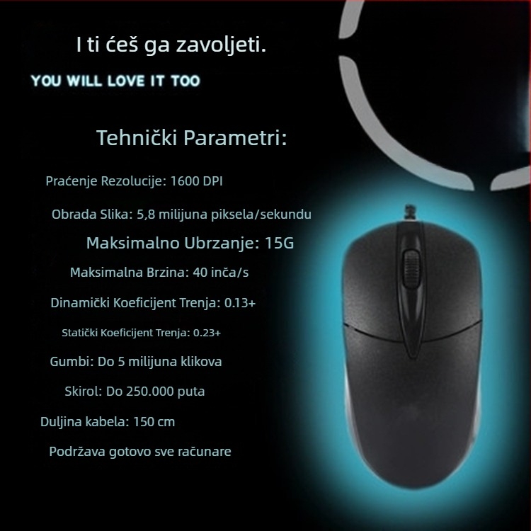 Žično miš s tri razine grijanja, optički senzor 1200dpi, USB sučelje, 3 tipke, 5 koraka rezolucije
