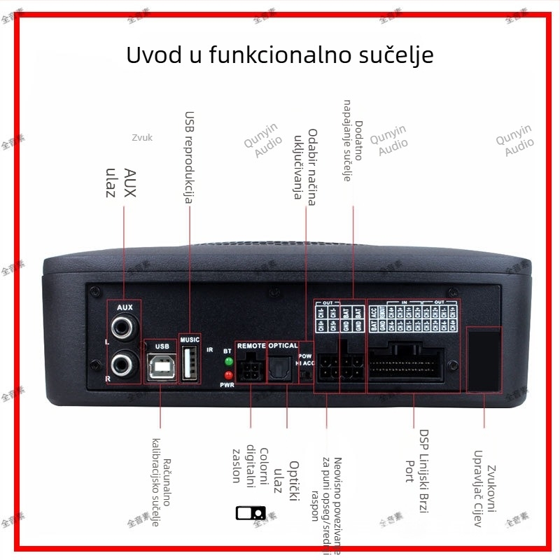 DSP auto audio pojačalo s integriranim subwooferom i aluminijskim kućištem, težina 2.95, napon 10-16V, SNR > 102 dB