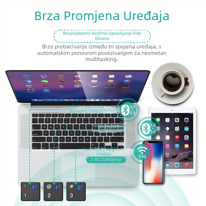 Bežični set tipkovnice i miša, 100 tipki, Bluetooth i 2.4G dvostruki način povezivanja, plug-and-play, ergonomski