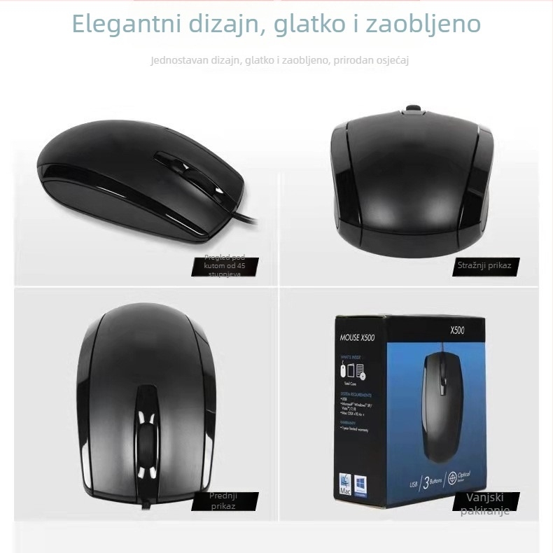 Optička USB kabelska miš, 1600dpi, 3 tipke, ergonomska, kompatibilna s stolnim računalom, kabel 1,5 m