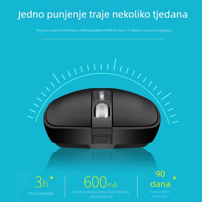 Tiha bežična miša s mogućnošću punjenja, 1200 DPI, 2.4G USB, ergonomski dizajn, Model T2