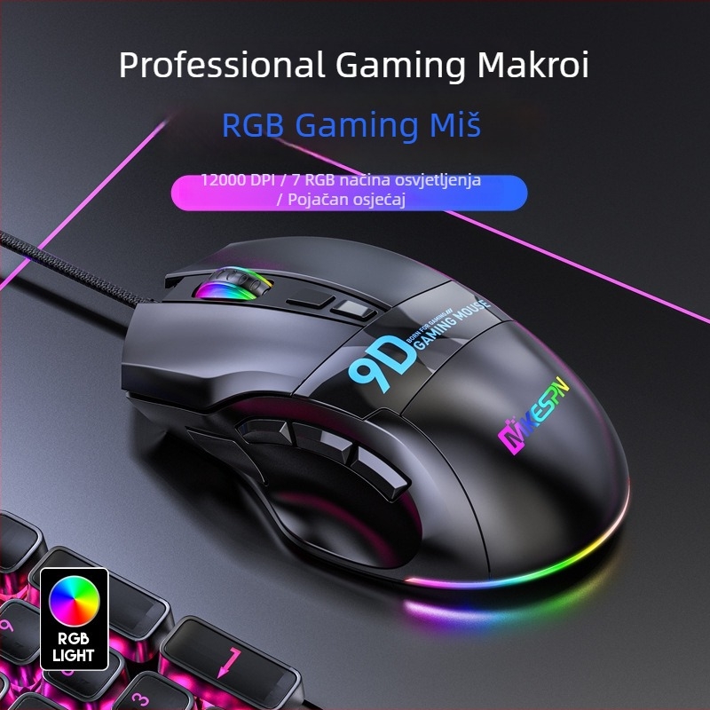 Gaming miš X10, 9 tipki, USB kabel, 12000 DPI, prilagodljivi DPI u šest razina, ergonomski dizajn