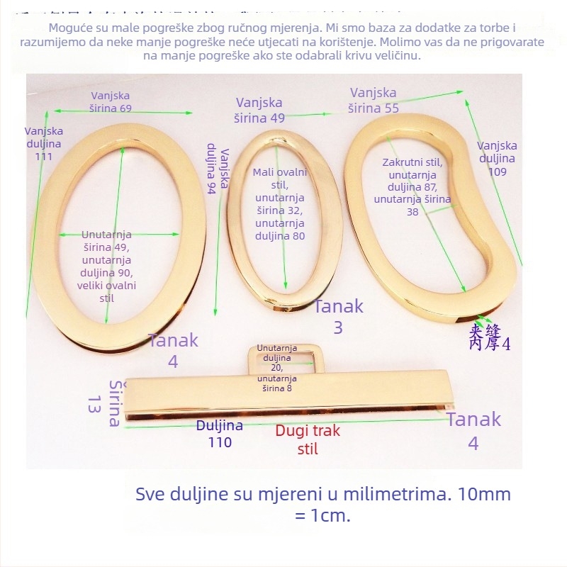 Metalni držač ručke torbe – jaje-oblika oval, ravna šipka, veliki prsten, za žene