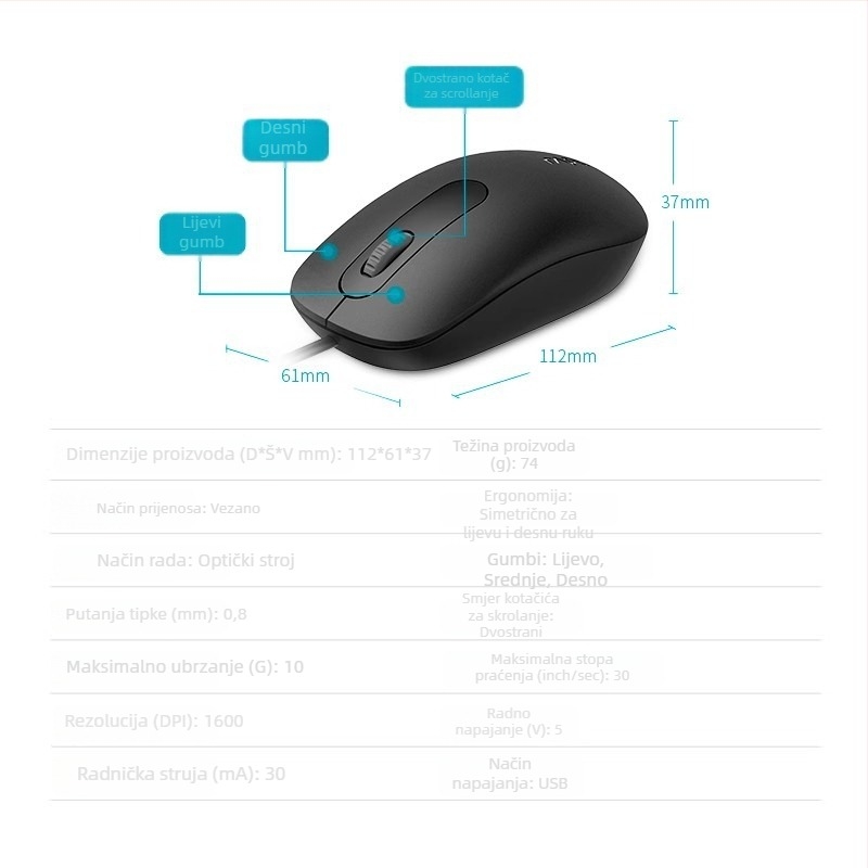 N200 optička miš, USB, 1200 DPI, 3 tipke, kompatibilna sa stolnim računalima, kabel 1 m