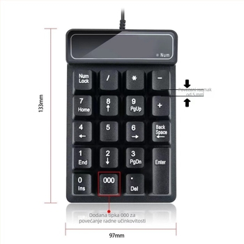 Žičana numerička tipkovnica, 19 tipki, USB, X-frame tehnologija, vodootporna