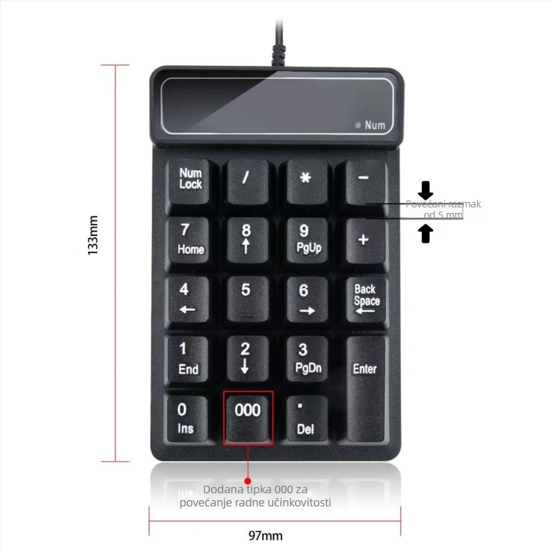 Žičana numerička tipkovnica, 19 tipki, USB, X-frame tehnologija, vodootporna