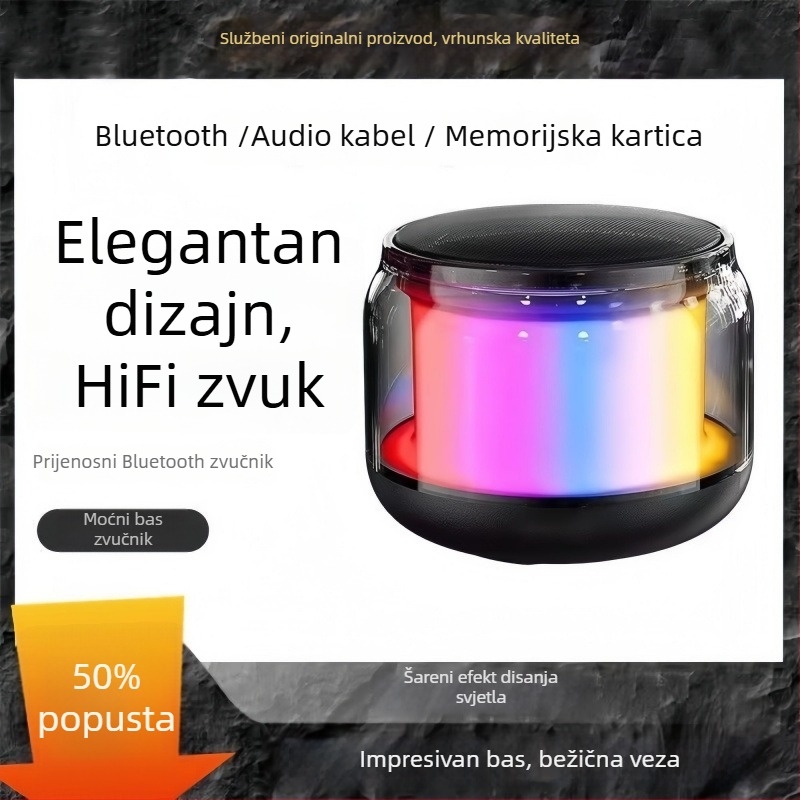 Bluetooth zvučnik s staklenim dizajnom, višestruki ulazi (Bluetooth/AUX/SD), 40 Hz–20 kHz, SNR ≥100 dB, IPX4, ugrađena baterija 1200–2000 mAh