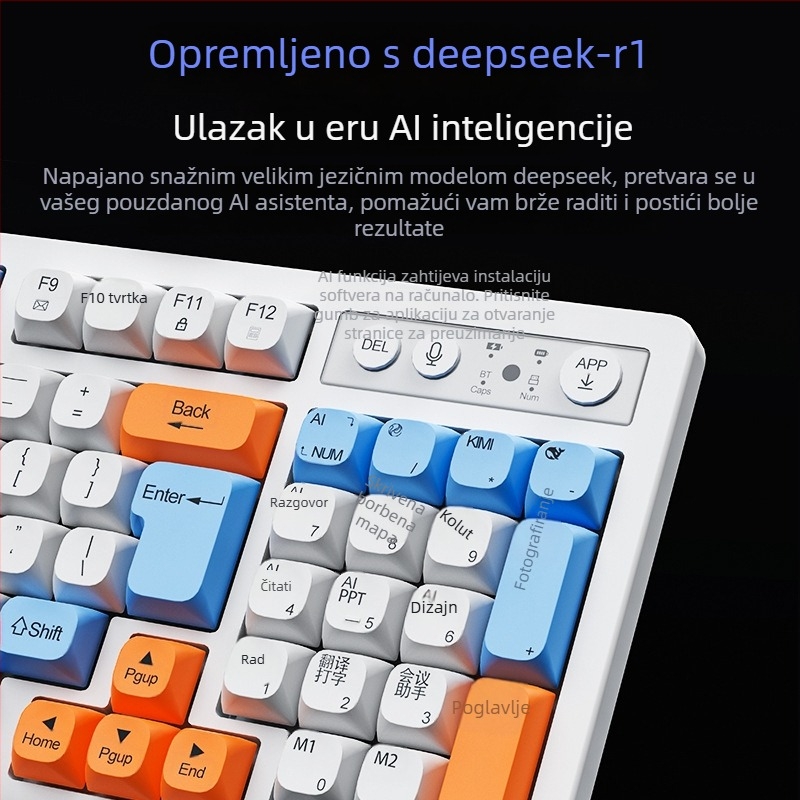 AI pametna tipkovnica sa tri načina: USB-C žična, 2.4G bežična, Bluetooth – 104 tipke, ergonomska, prilagodba OEM/ODM