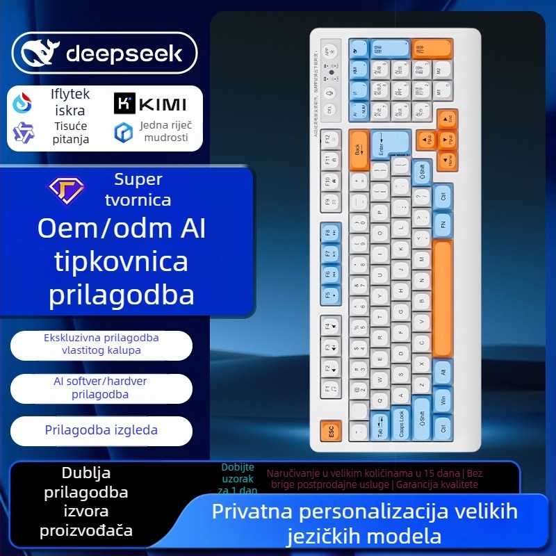 AI pametna tipkovnica sa tri načina: USB-C žična, 2.4G bežična, Bluetooth – 104 tipke, ergonomska, prilagodba OEM/ODM