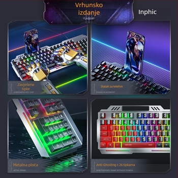 INPHIC K2 žičana tipkovnica s metalnim panelom, mehanički osjećaj membrane tipke, 104 tipke, X arhitektura, pozadinska rasvjeta, vodootporna