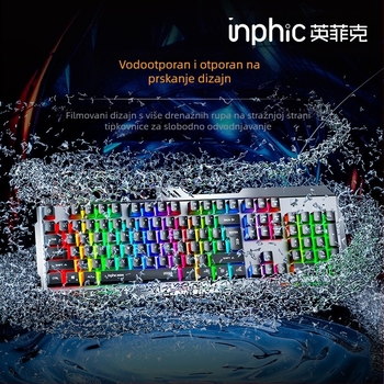 INPHIC K2 žičana tipkovnica s metalnim panelom, mehanički osjećaj membrane tipke, 104 tipke, X arhitektura, pozadinska rasvjeta, vodootporna