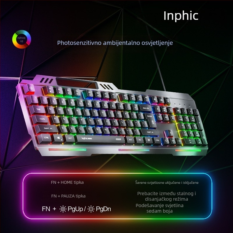 INPHIC K2 žičana tipkovnica s metalnim panelom, mehanički osjećaj membrane tipke, 104 tipke, X arhitektura, pozadinska rasvjeta, vodootporna