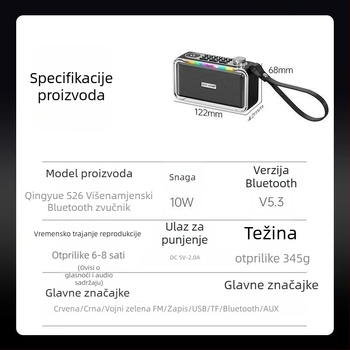 Qingyue S26 Bluetooth zvučnik s dvostrukim Hi‑Fi pogonima, izlaz 10W, ugrađena baterija 2000–4000mAh, Bluetooth 5.3, 100Hz–20kHz, SNR ≥75dB
