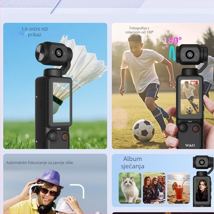 Kompaktna sportska digitalna kamera s gimbal stabilizacijom za vloganje | 4K video, 1,9-inčni LCD, baterija 2–3 h, SD kartica