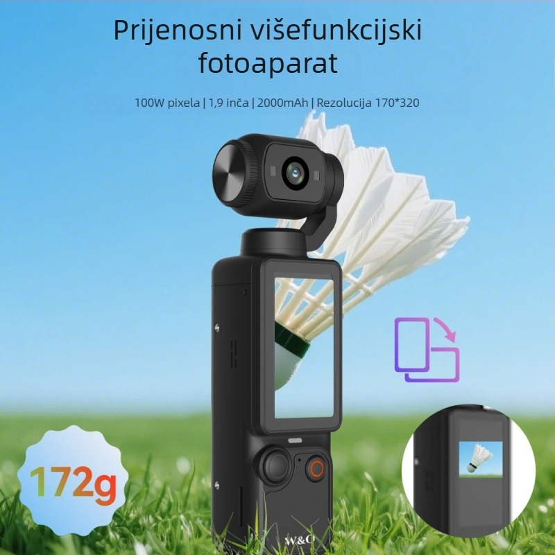 Kompaktna sportska digitalna kamera s gimbal stabilizacijom za vloganje | 4K video, 1,9-inčni LCD, baterija 2–3 h, SD kartica