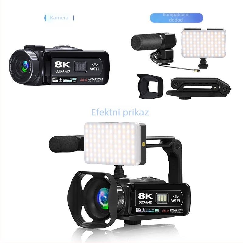 8K ručna kamera za vanjsku livestreaming: CMOS senzor 48 MP, 3,0-inčni dodirni LCD, elektron stabilizacija slike, stereo mikrofon