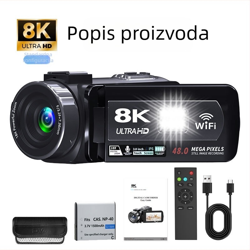 8K ručna kamera za vanjsku livestreaming: CMOS senzor 48 MP, 3,0-inčni dodirni LCD, elektron stabilizacija slike, stereo mikrofon