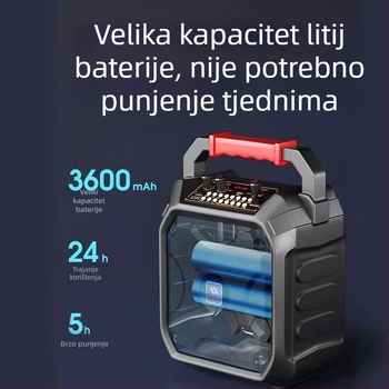 Prijenosni Bluetooth karaoke zvučnik za otvoreno – 20W, ugrađena baterija 2000–4000 mAh, Bluetooth 5.0, raspon frekvencija 100 Hz–20 kHz, SNR ≥85 dB