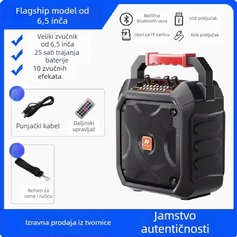Prijenosni Bluetooth karaoke zvučnik za otvoreno – 20W, ugrađena baterija 2000–4000 mAh, Bluetooth 5.0, raspon frekvencija 100 Hz–20 kHz, SNR ≥85 dB
