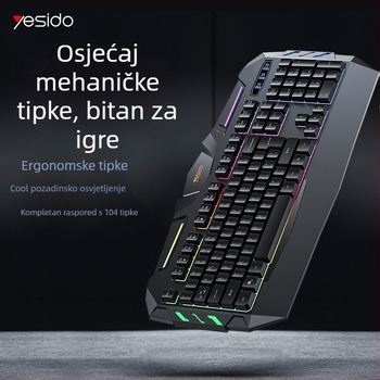Yesido gaming tipkovnica, 104 tipke, žična, jednobojno pozadinsko osvjetljenje