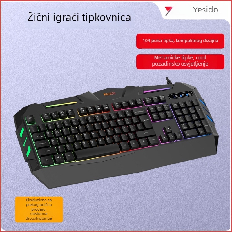 Yesido gaming tipkovnica, 104 tipke, žična, jednobojno pozadinsko osvjetljenje