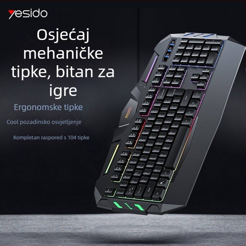 Yesido gaming tipkovnica, 104 tipke, žična, jednobojno pozadinsko osvjetljenje