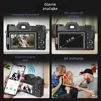 Bezzrcalna digitalna kamera – CMOS senzor, 6400 aktivnih pixela, 1080p video, elektronička stabilizacija slike, noćno snimanje
