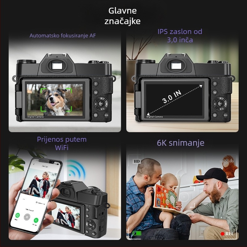 Bezzrcalna digitalna kamera – CMOS senzor, 6400 aktivnih pixela, 1080p video, elektronička stabilizacija slike, noćno snimanje