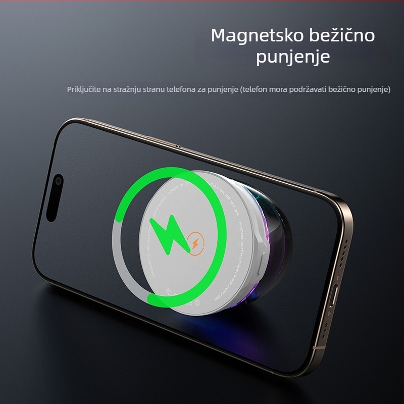 Bluetooth zvučnik s magnetskim bežičnim punjenjem (15W) – ugrađena baterija, domet 10 m, raspon 100 Hz–20 kHz, SNR ≥70 dB