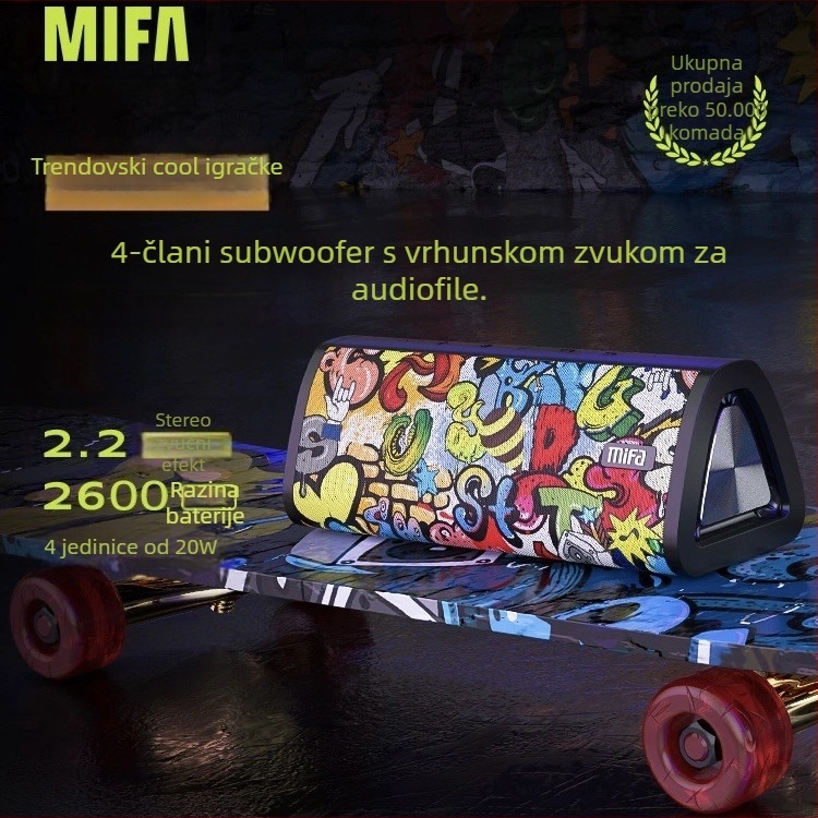 Mifa bežični Bluetooth zvučnik, prijenosni, s utorom za microSD, vodootporan IPX7, ugrađena baterija 1200–2000 mAh, raspon frekvencija 100 Hz–20 kHz, SNR ≥70 dB