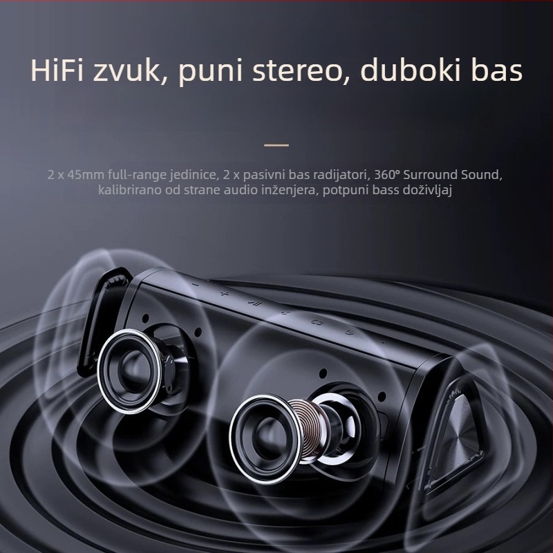 Mifa bežični Bluetooth zvučnik, prijenosni, s utorom za microSD, vodootporan IPX7, ugrađena baterija 1200–2000 mAh, raspon frekvencija 100 Hz–20 kHz, SNR ≥70 dB