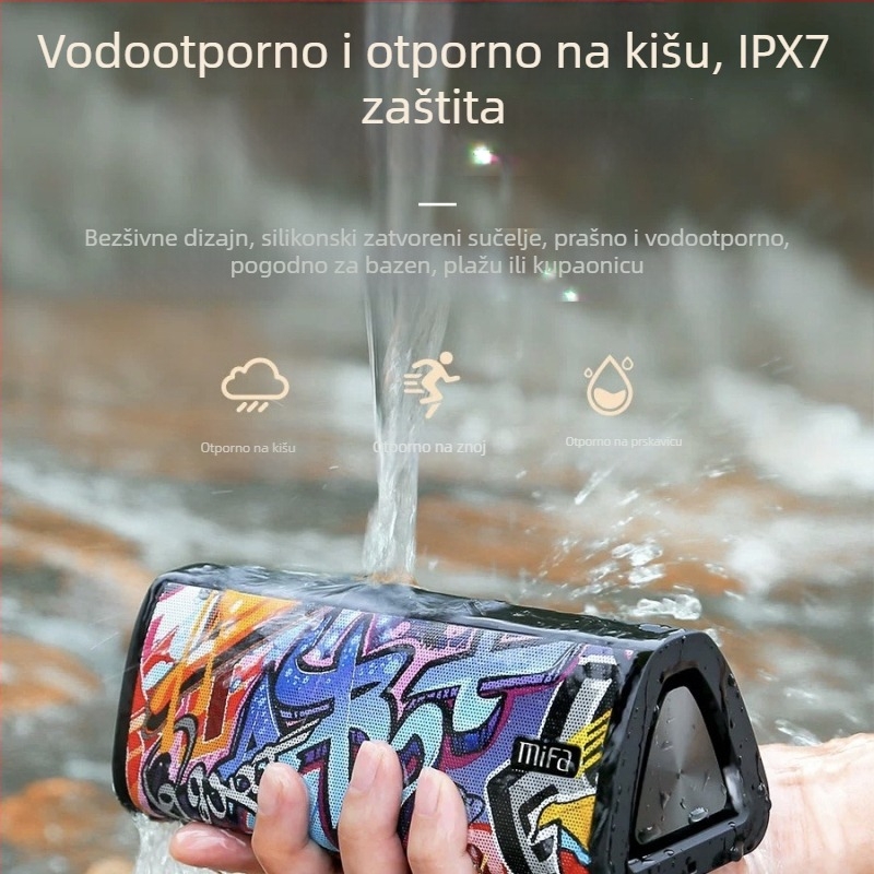 Mifa bežični Bluetooth zvučnik, prijenosni, s utorom za microSD, vodootporan IPX7, ugrađena baterija 1200–2000 mAh, raspon frekvencija 100 Hz–20 kHz, SNR ≥70 dB