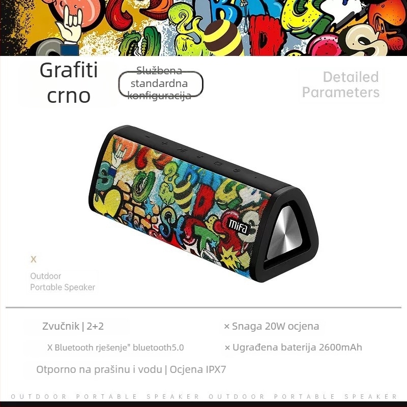 Mifa bežični Bluetooth zvučnik, prijenosni, s utorom za microSD, vodootporan IPX7, ugrađena baterija 1200–2000 mAh, raspon frekvencija 100 Hz–20 kHz, SNR ≥70 dB