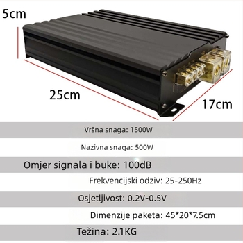 Auto subwoofer pojačalo, Class D monoblok, model 1500.1D, maksimalna snaga 1500 W, impedancija 4 Ω, frekvencijski odziv 25–250 Hz, distorzija 0,1%