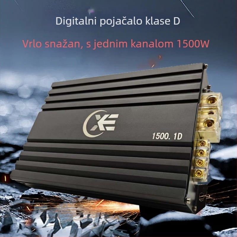 Auto subwoofer pojačalo, Class D monoblok, model 1500.1D, maksimalna snaga 1500 W, impedancija 4 Ω, frekvencijski odziv 25–250 Hz, distorzija 0,1%