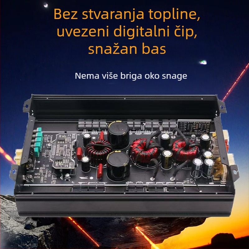 Auto subwoofer pojačalo, Class D monoblok, model 1500.1D, maksimalna snaga 1500 W, impedancija 4 Ω, frekvencijski odziv 25–250 Hz, distorzija 0,1%