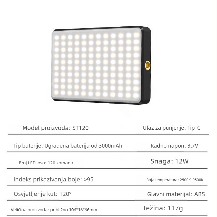 ST-120 LED rasvjeta za dopunu za telefon/DSLR – prijenosno svjetlo za live streaming, 10–50W, 3.7V, tri boje temperature, ručna kontrola
